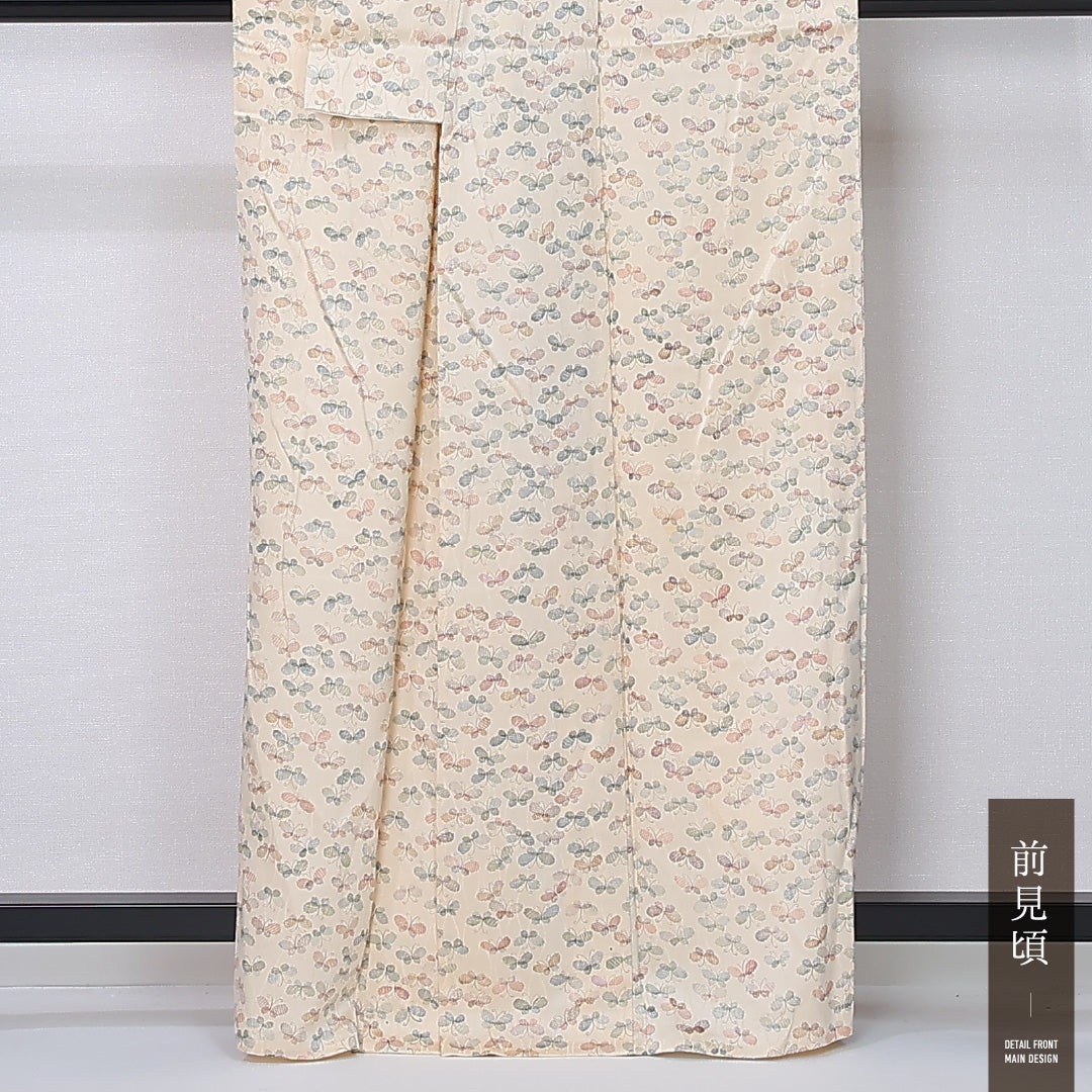 小紋 単衣 身丈160cm 裄丈62cm 正絹 Aランク インフォーマル 広衿 Lサイズ 蝶 クリーム系 HP 1221-12251