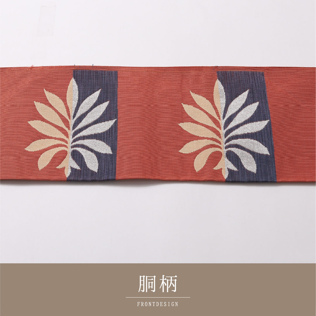 八寸名古屋帯 Aランク 帯丈348cm 正絹 ポイント柄 松葉仕立て 織り カジュアル 植物柄 朱系 LP 1245-02975
