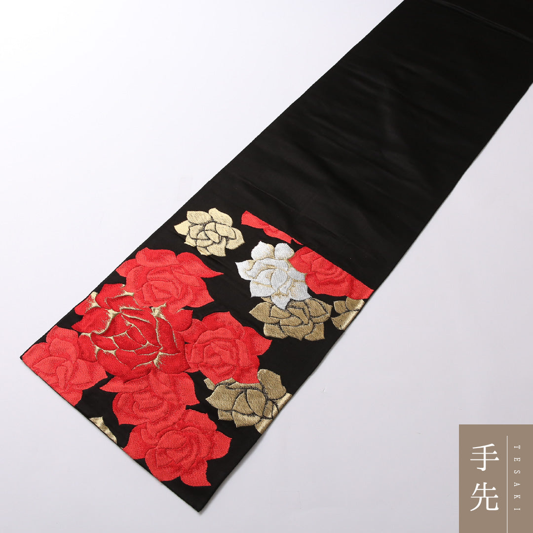 袋帯 帯丈408cm 正絹 六通 インフォーマル 薔薇 黒系 1243-01691