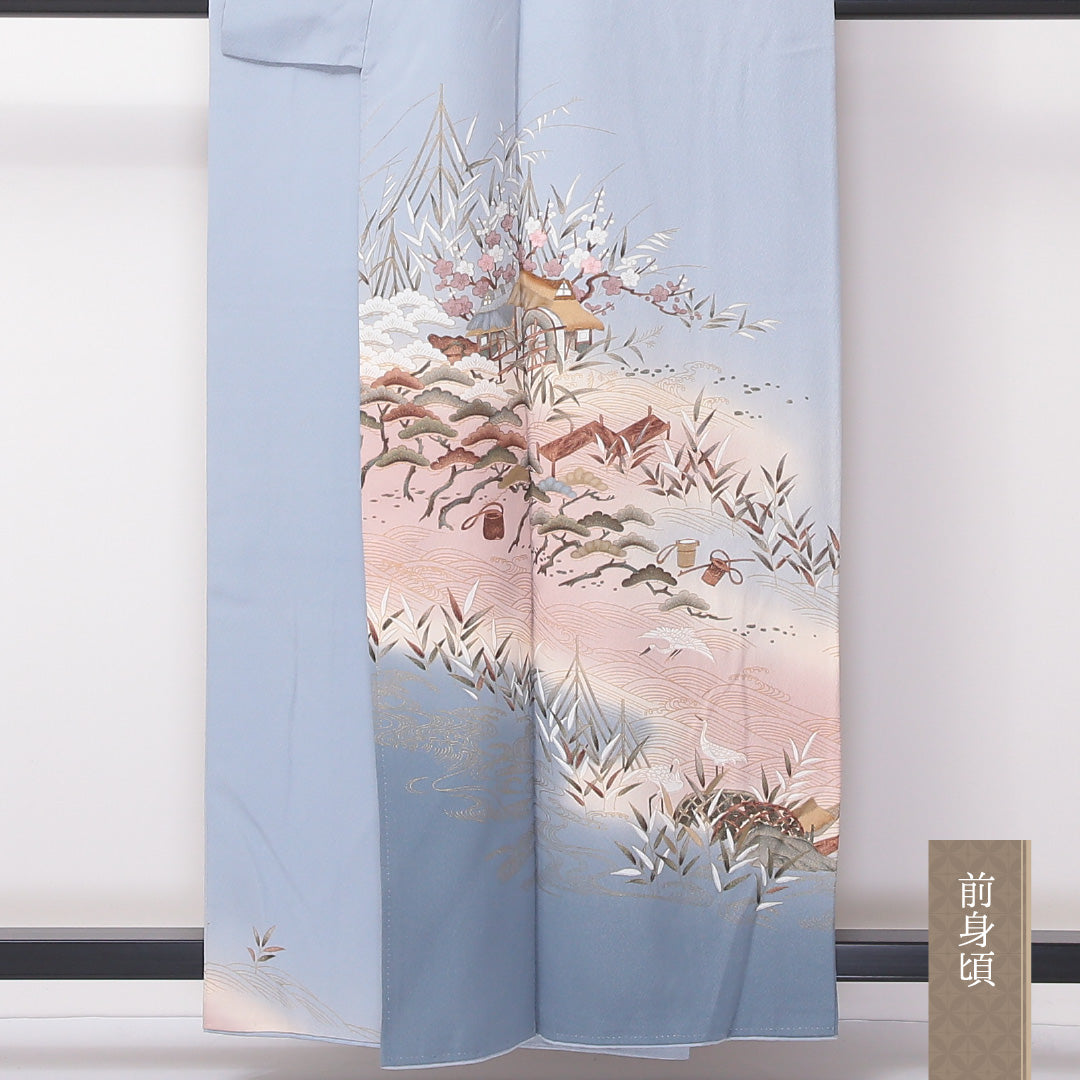 色留袖 袷 身丈157cm 裄64cm 正絹 一つ紋 鶴 梅 金彩 笠松 丸に剣片喰 水色系 Cランク 1211-00152