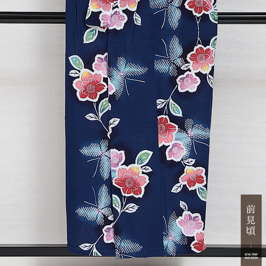 浴衣 夏物 洗える着物 身丈148cm 裄丈65cm Aランク 木綿 バチ衿 XSサイズ カジュアル 花柄 可憐 落ち着き 紺系 1218-14277