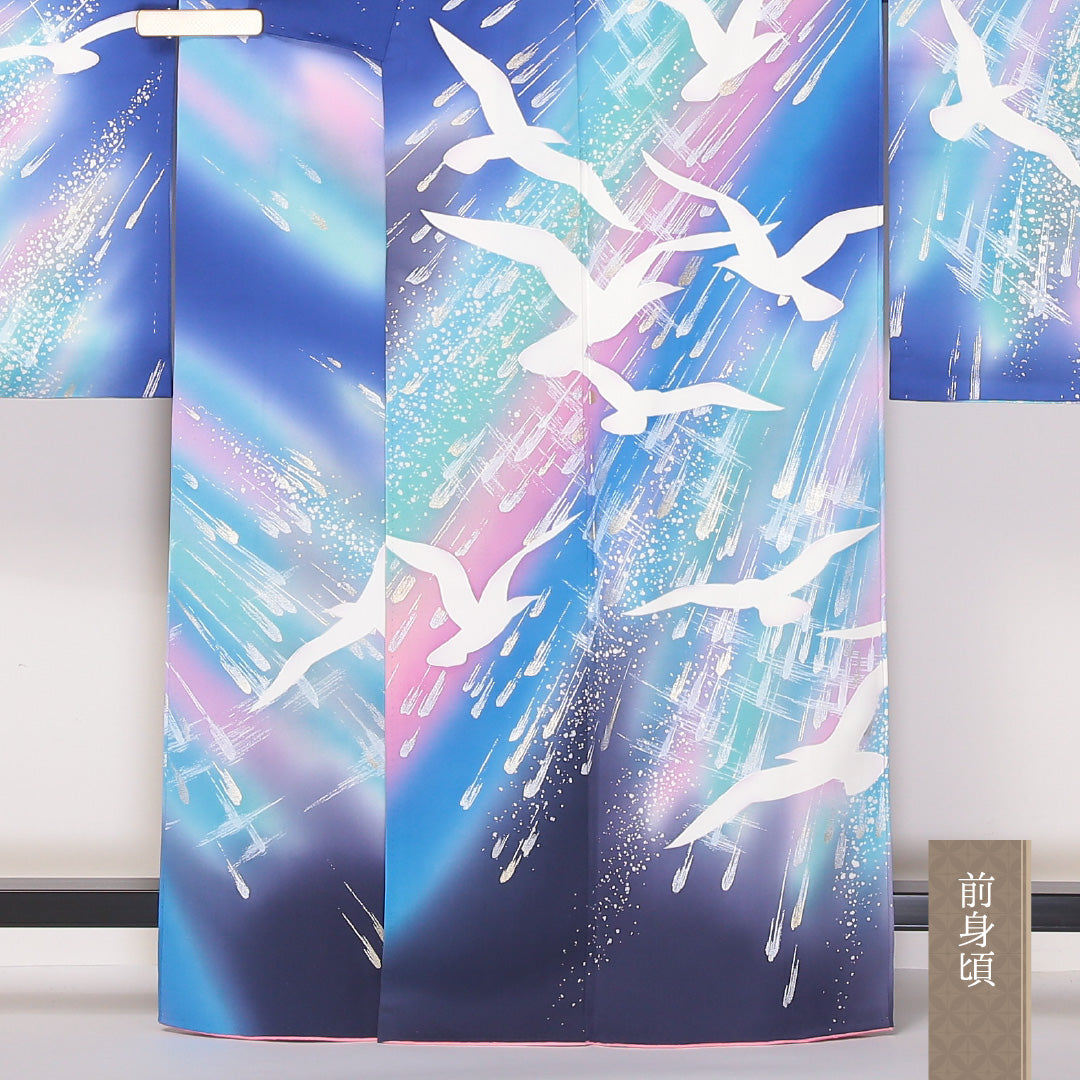 振袖 身丈162cm 裄丈65cm Aランク 袷 正絹 広衿 金彩 尾長鳥 モダン 1213-F0069