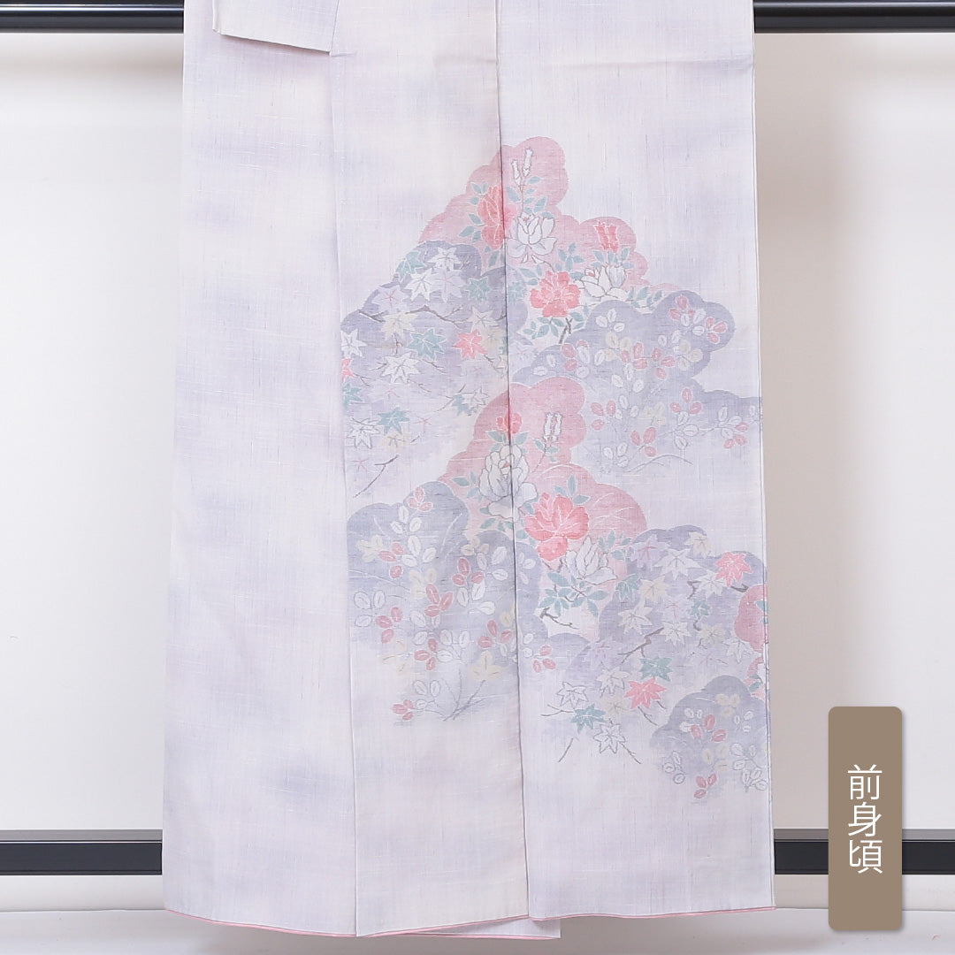 訪問着 (牛首紬) 袷 身丈157cm 裄丈63cm 正絹 Bランク 一つ紋 (片喰) インフォーマル 広衿 Mサイズ ぼかし染 遠山 牡丹 萩 紫系 M4 1217-03223