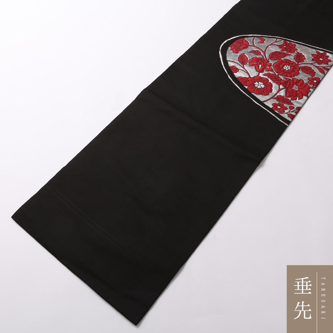 九寸名古屋帯 Sランク 帯丈348cm 正絹 ポイント柄 名古屋仕立て 織り インフォーマル 芙蓉 黒系 RP 1245-02920