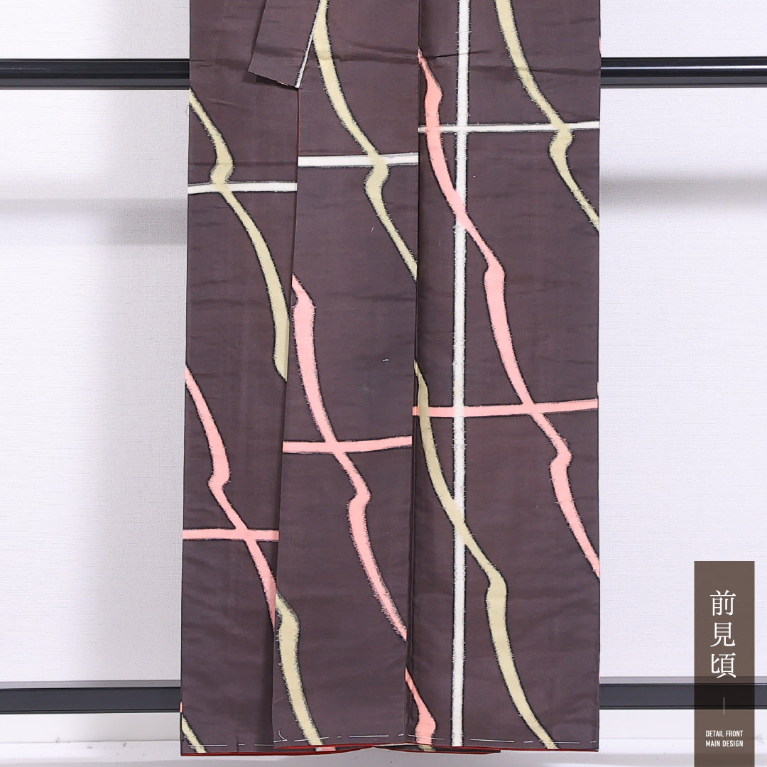 アンティーク 銘仙の着物 袷 身丈158cm 裄丈63cm 正絹 Bランク バチ衿 Mサイズ 創作柄 茶系 RP 1223-11679