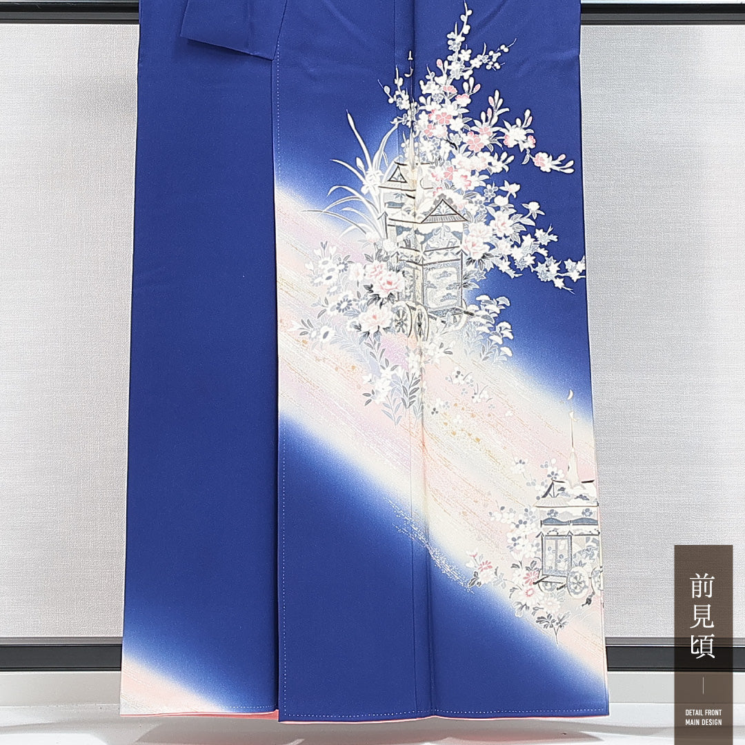 訪問着 袷 身丈158cm 裄丈63cm 正絹 Aランク セミフォーマル 広衿 Mサイズ ぼかし 花車 古典的 華やか 青系 RP 1217-14868