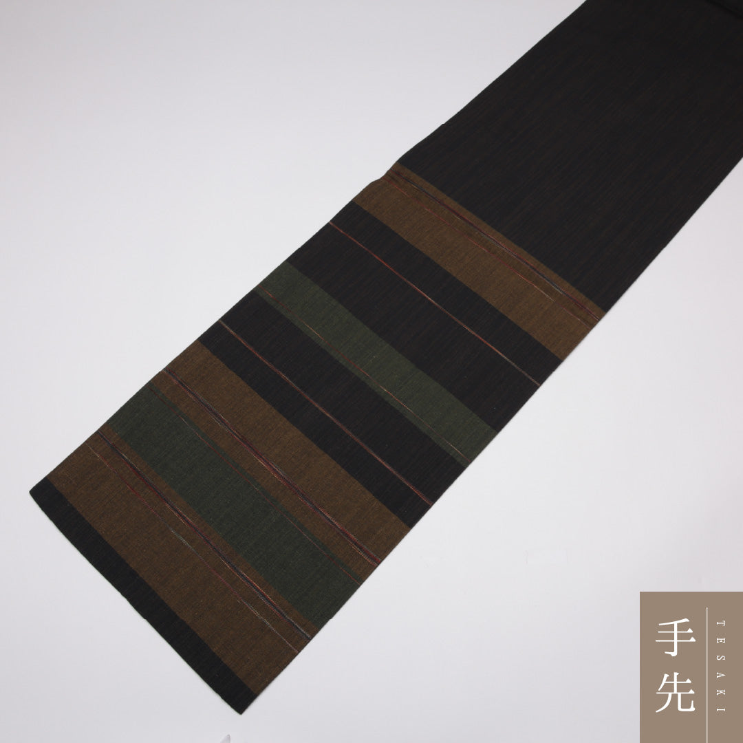 未使用品 袋帯 帯丈432cm 全通 縞 紬 リバーシブル カジュアル 紺系 正絹 Sランク 1223-01113