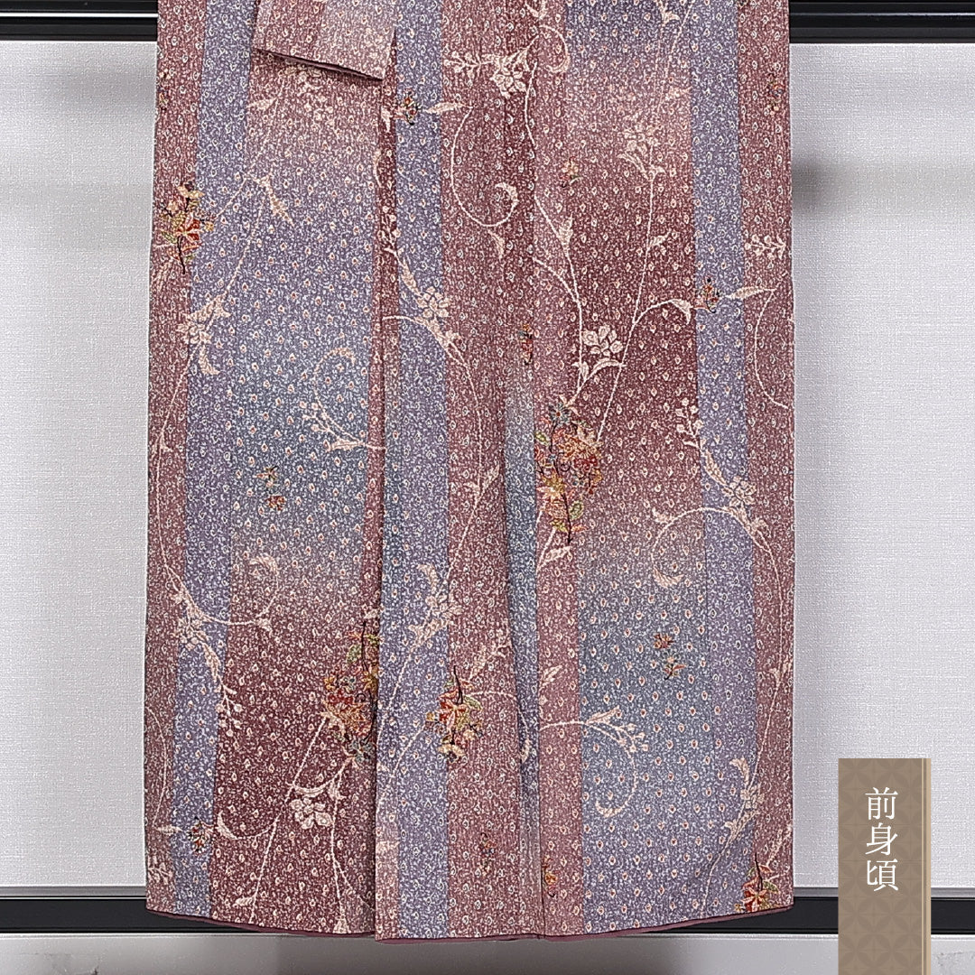 小紋 袷 身丈152cm 裄丈63cm 正絹 Sランク インフォーマル 広衿 Sサイズ たたき染め 唐華 桜 茶系 RP 1221-10981