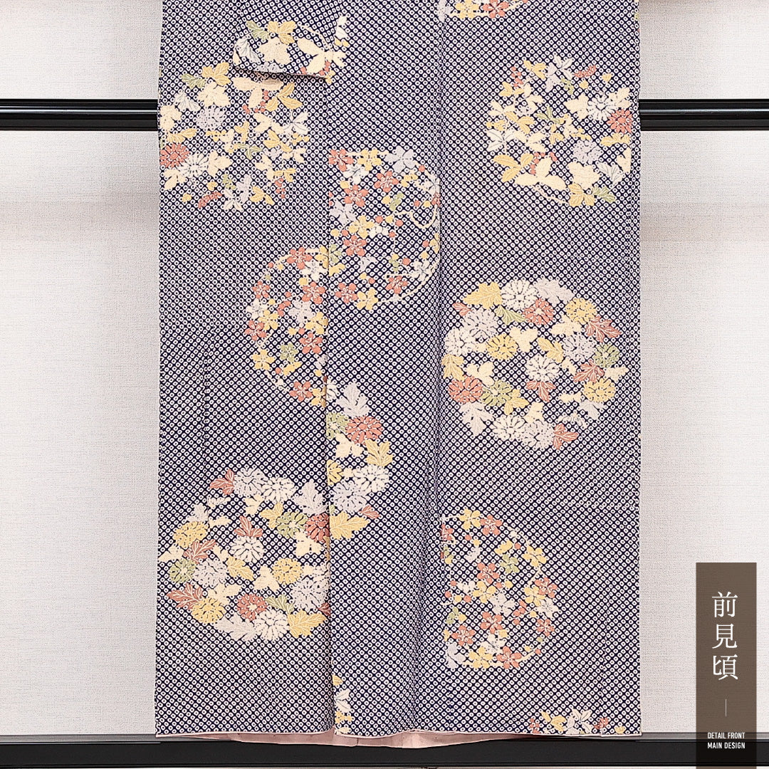 小紋 袷 身丈148cm 裄丈64cm 正絹 Aランク インフォーマル 広衿 XSサイズ 花文 紫系 RP 1221-14096