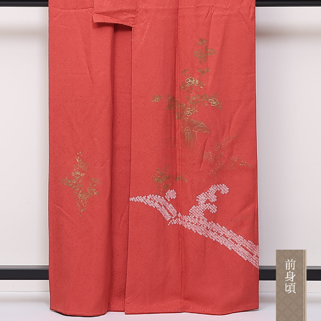 アンティーク 訪問着 袷 身丈160cm 裄64cm 正絹 金彩 鹿の子柄 桔梗 Sランク 1212-00724