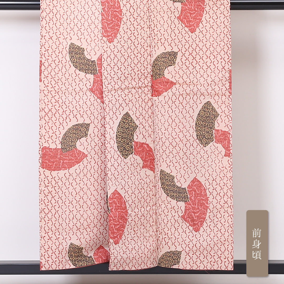 紬 袷 身丈152cm 裄丈65cm 正絹 Aランク Sサイズ バチ衿 カジュアル 扇 朱系 1216-03329