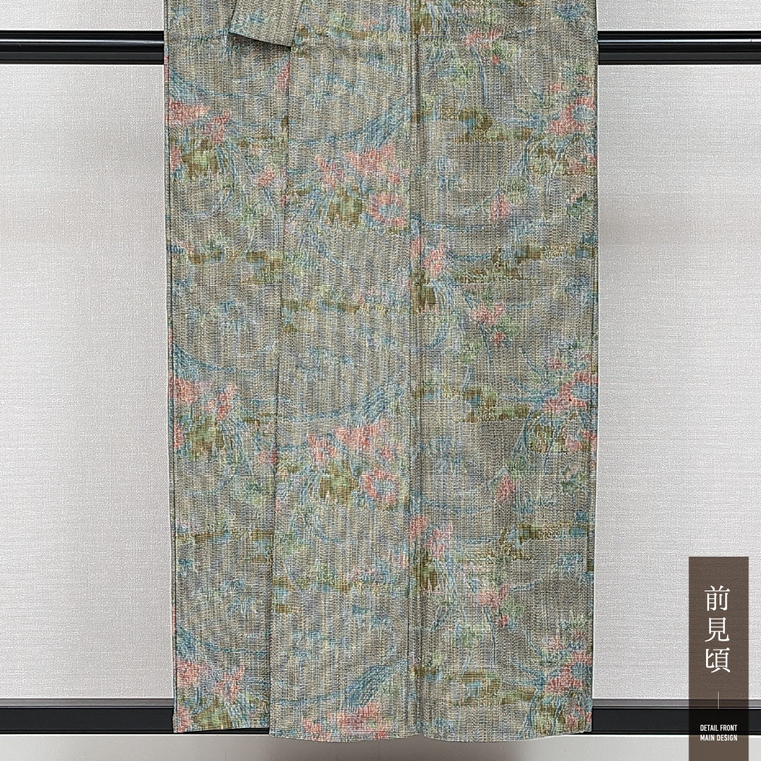 洗える着物 ウールの紬 単衣 身丈153cm 裄丈61cm ウール Sランク カジュアル バチ衿 Sサイズ 居敷当て 肩当て 菊 緑系 RP 1223-14354