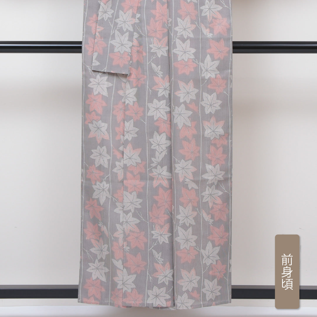 紬 夏紬 身丈154cm 裄62cm 洗える着物 紅葉 グレー系 Aランク 夏着物 1216004133222