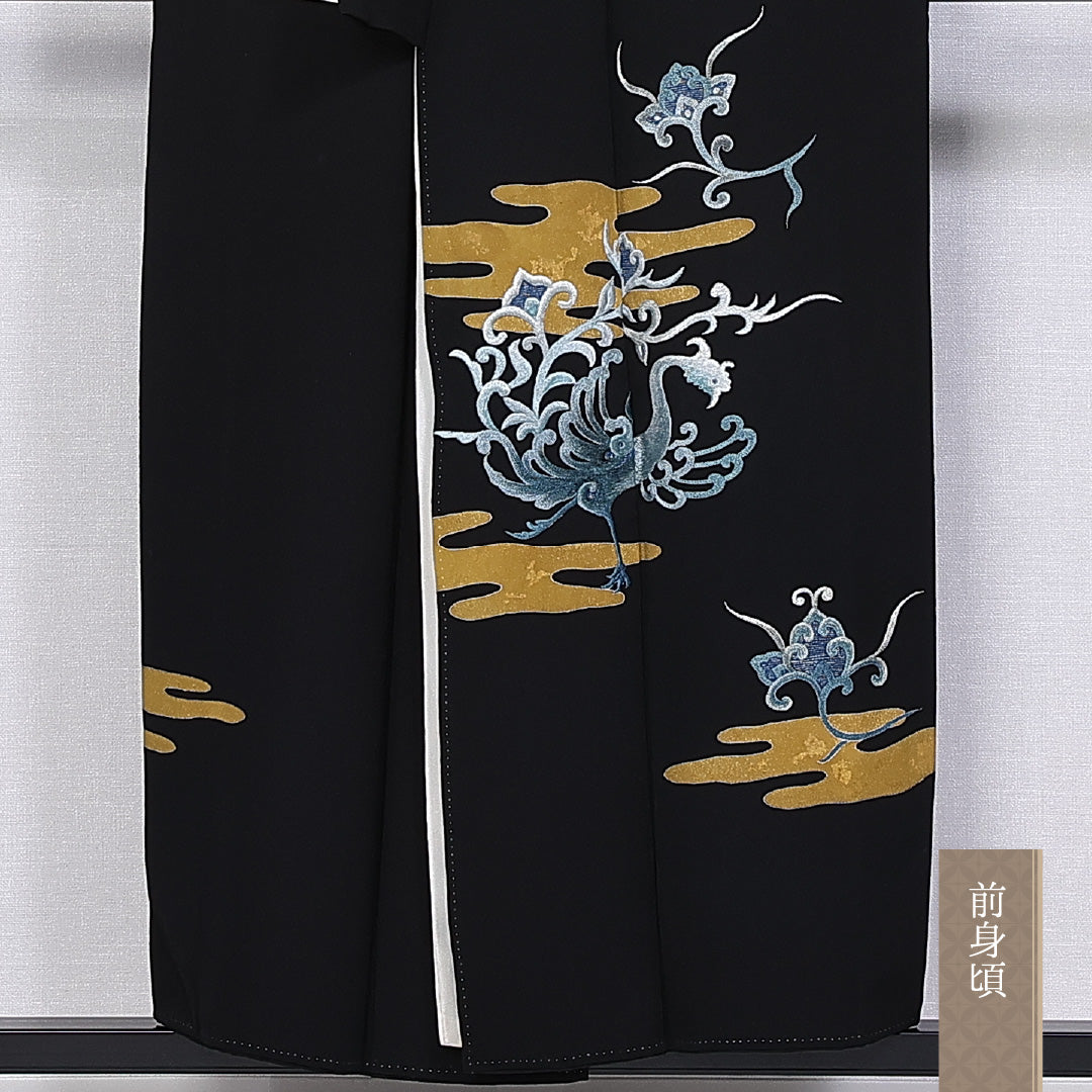 黒留袖 五つ紋 剣片喰 身丈150cm 裄丈61.5cm Aランク 正絹 袷 比翼 広衿 S 蘇州刺繍 鳳凰 エ霞 フォーマル 黒系 1211-F0303