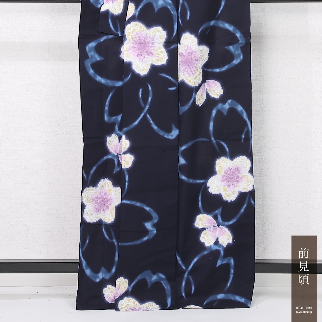 夏物 洗える着物 浴衣 夏物 身丈165cm 裄丈68cm ポリエステル Sランク カジュアル バチ衿 XLサイズ 肩当て 桜 紺系 RP 1225-12449