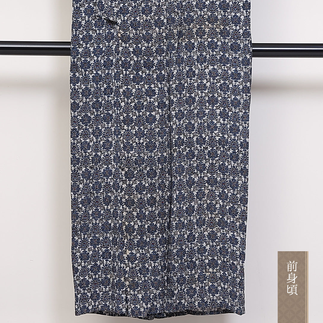 アンティーク 小紋 単衣 身丈149cm 裄61cm 正絹 オリエンタル モダン 青系 Cランク 1215-02384
