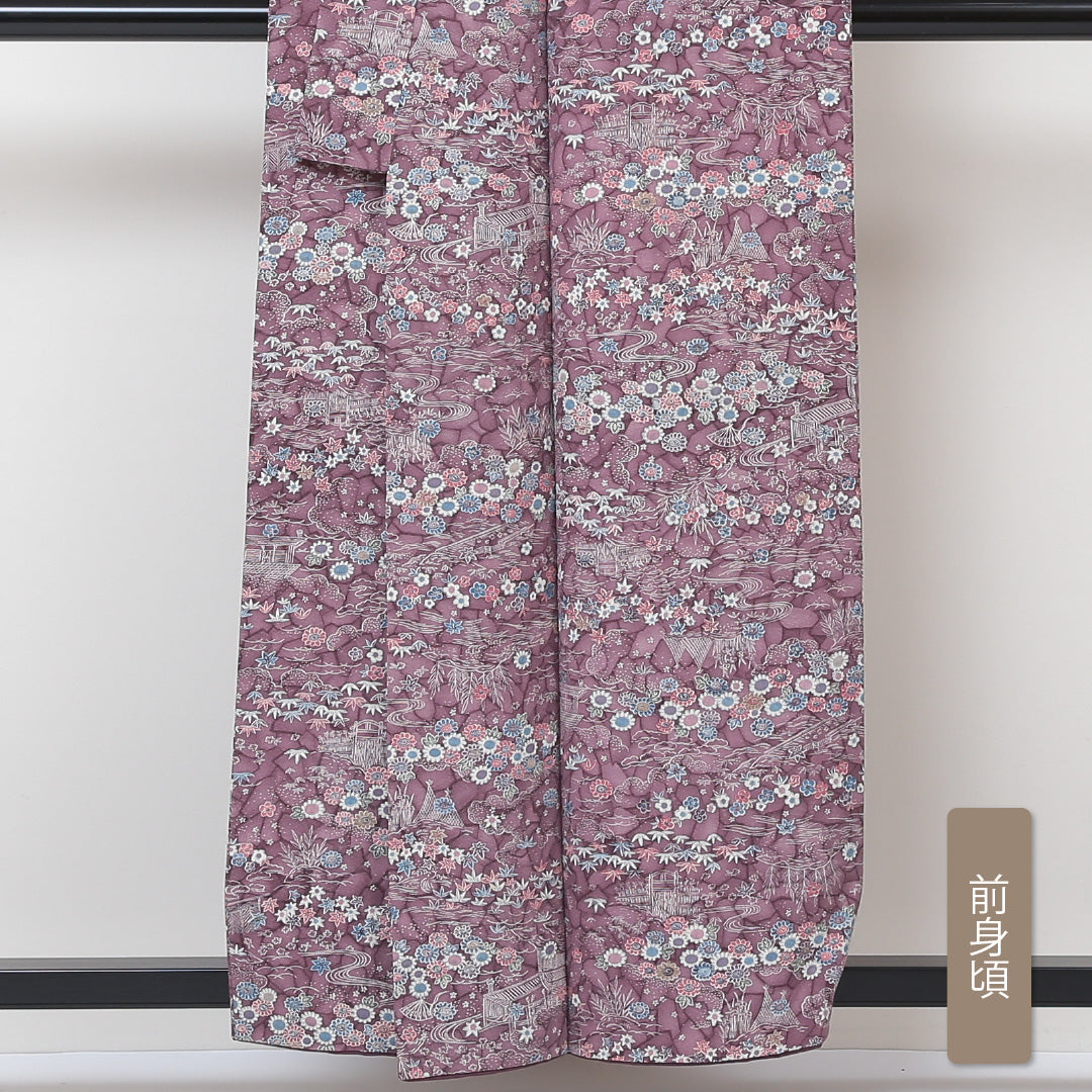 小紋 袷 身丈153cm 裄丈62cm 正絹 Sランク インフォーマル バチ衿 Sサイズ 茶屋辻 紅葉 紫系 RP 1221-01443