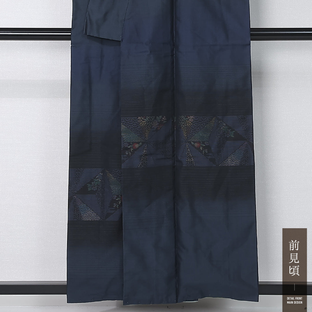 付下げ (本場大島紬) 袷 身丈156cm 裄丈65cm 正絹 Sランク インフォーマル 広衿 Mサイズ 作家物 証紙 青海波 牡丹 紺系 PO 1218-12390