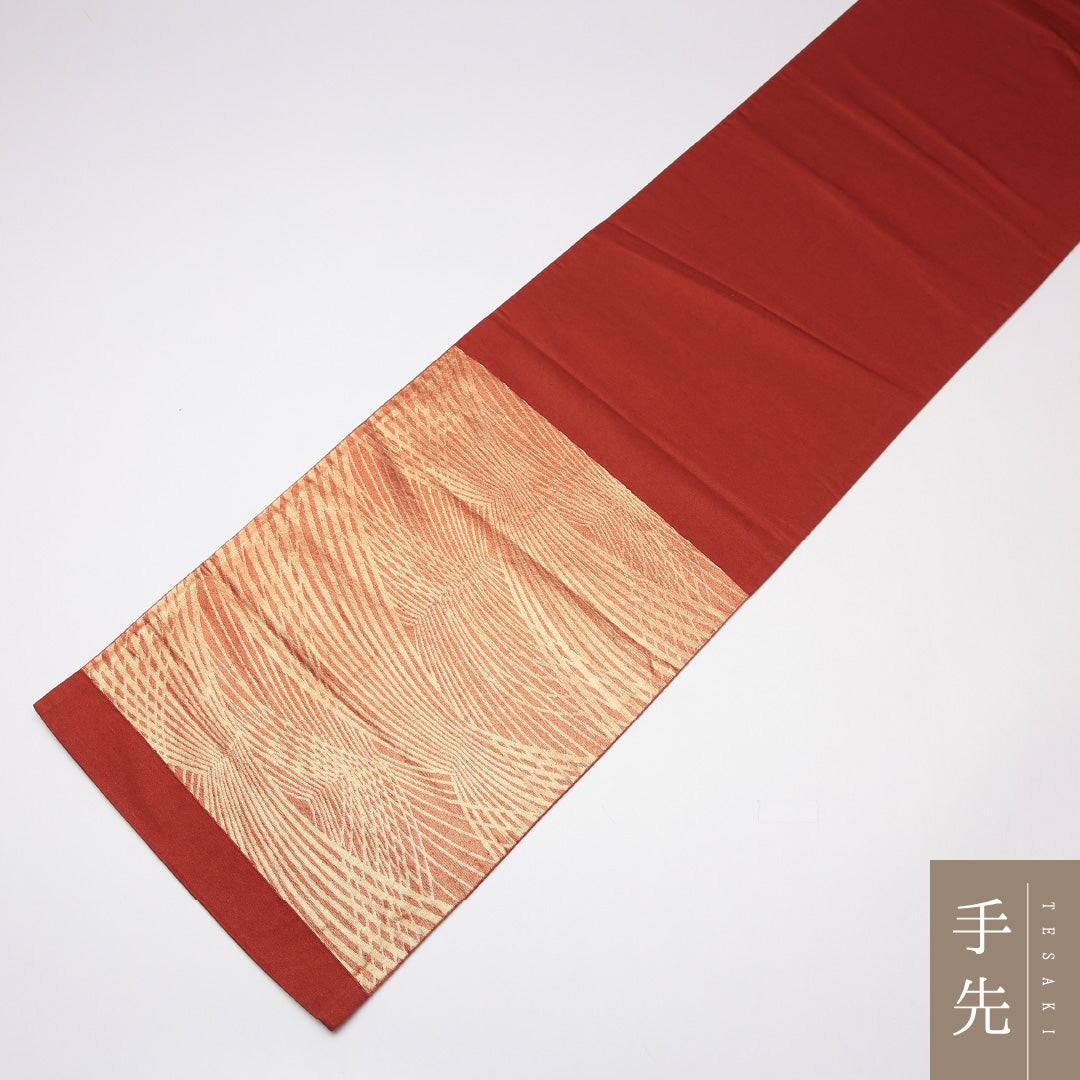 袋帯 帯丈416cm 正絹 六通 セミフォーマル 幾何学柄 金系 朱系 1243-01226
