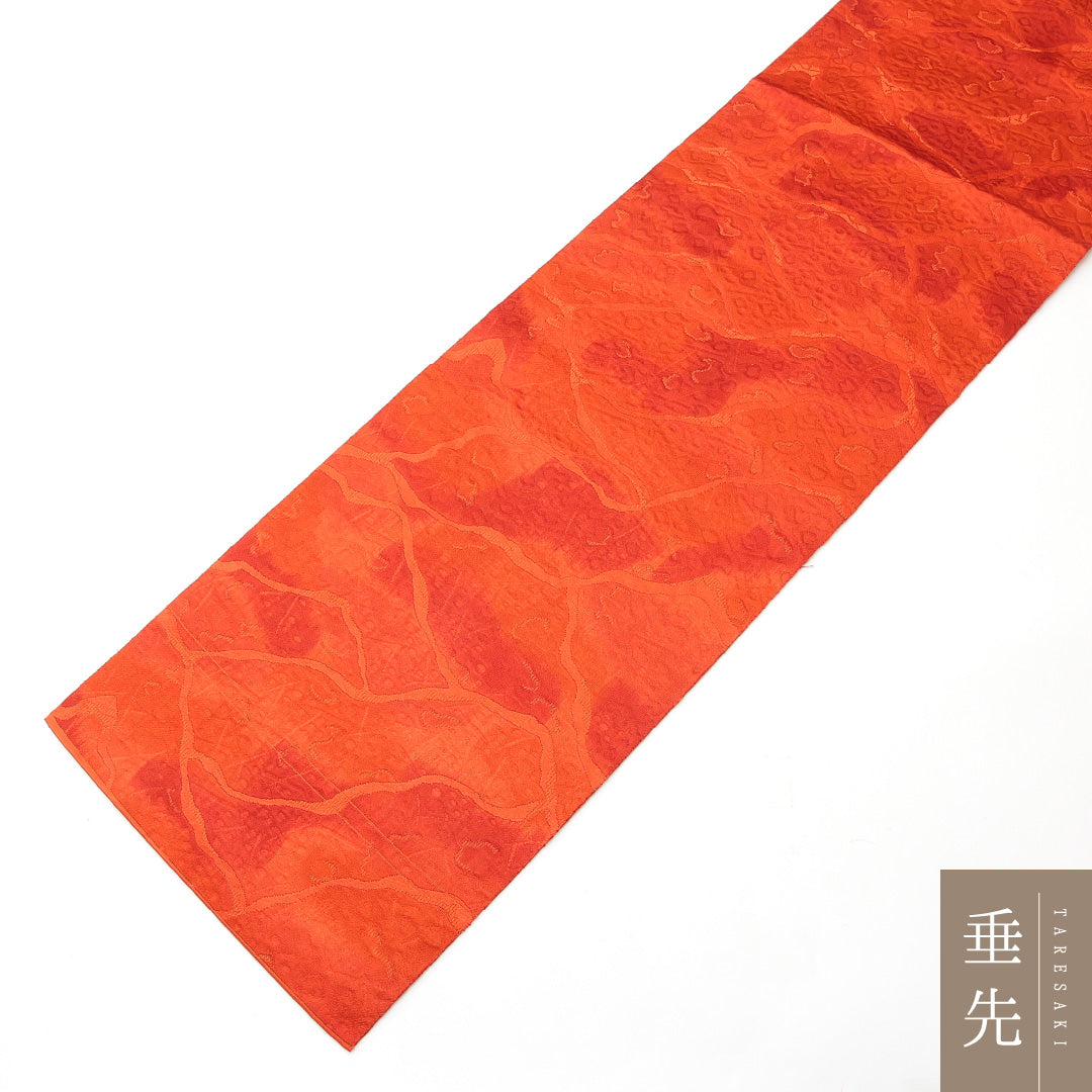 名古屋帯 六通 帯丈352cm カジュアル Sランク 正絹 ふくれ織 創作 赤系 1224-02137