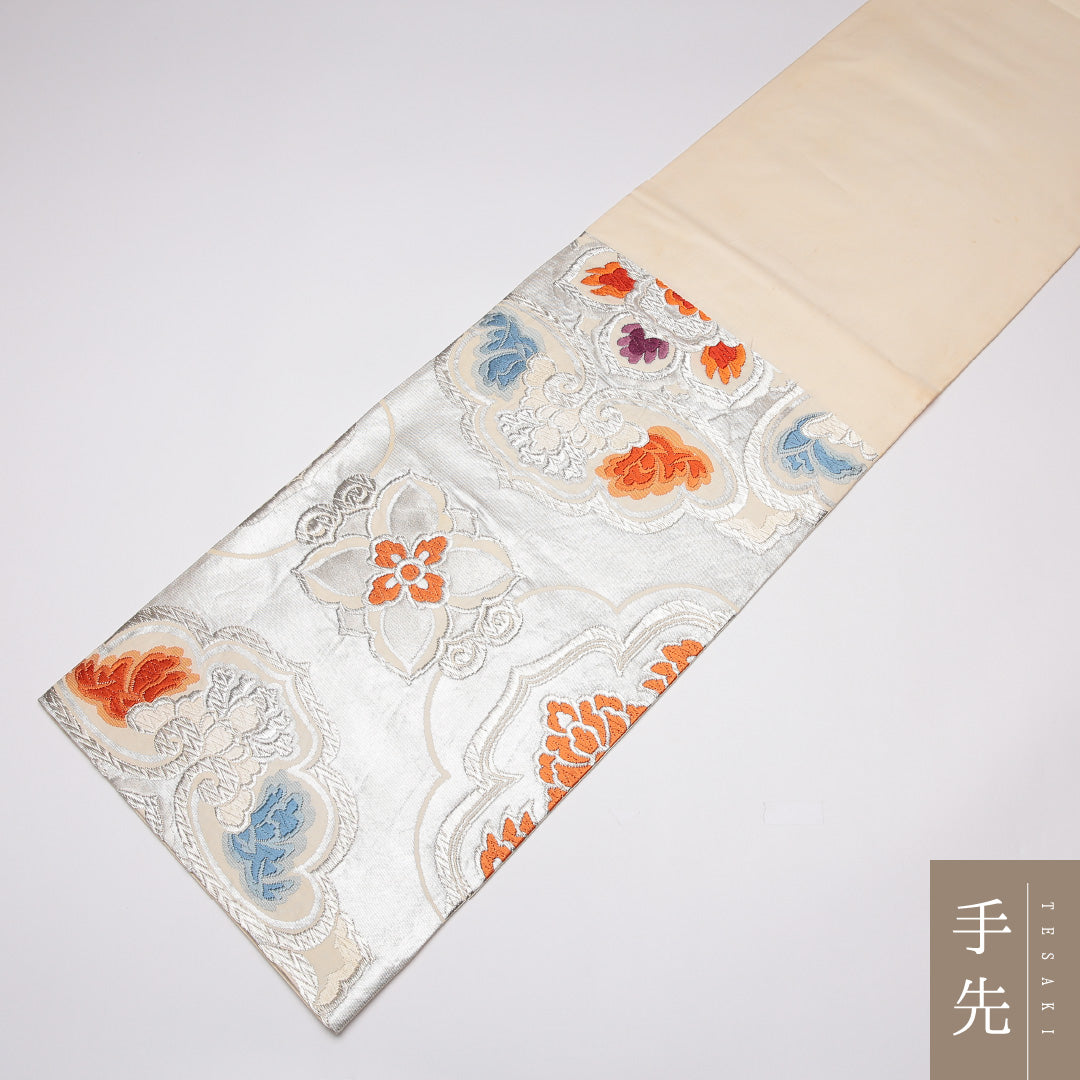 袋帯 帯丈432cm 六通 唐織 宝相華 フォーマル 銀系 正絹 Aランク 1223-01164
