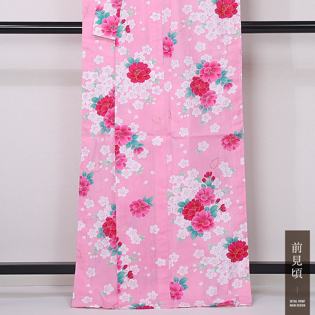夏物 浴衣 身丈165cm 裄丈66.5cm Aランク XL 木綿 洗える着物 夏物 バチ衿 牡丹 桜 梅 カジュアル ピンク系 1218-12454