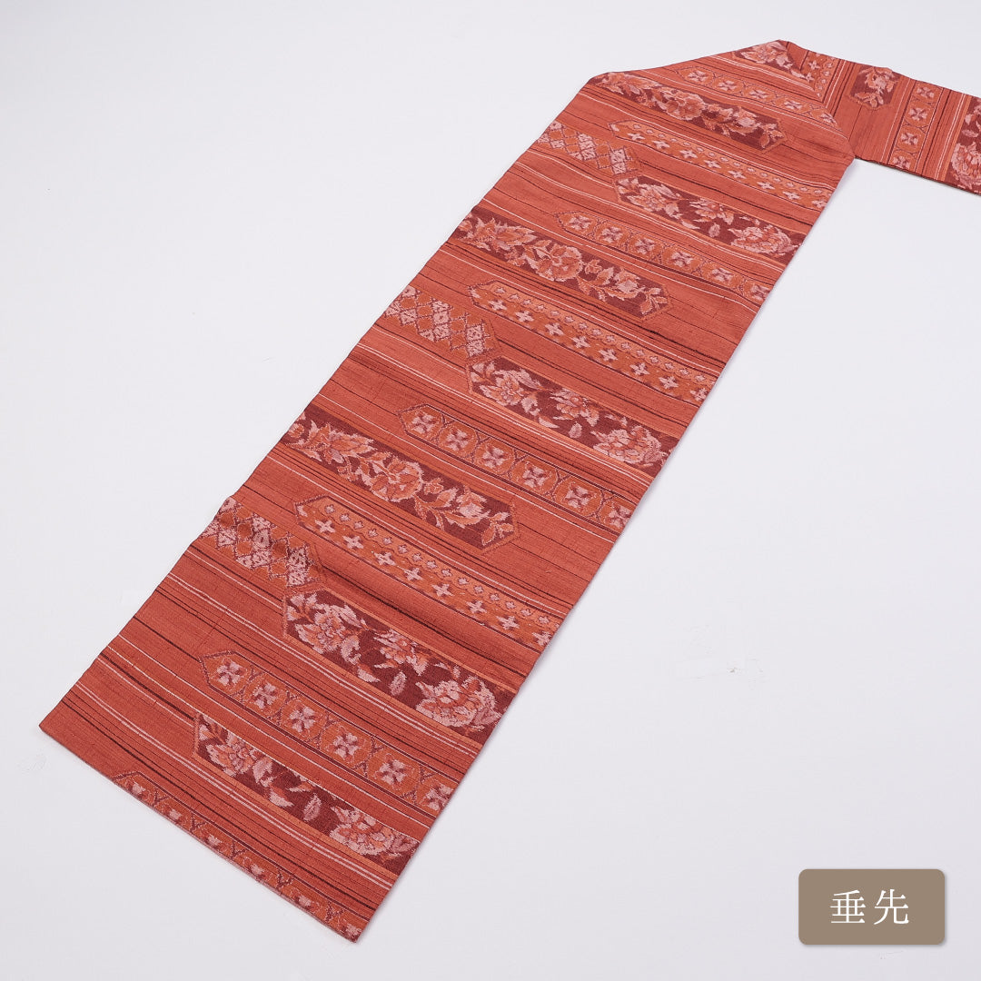 名古屋帯 帯丈363cm 六通 名古屋仕立て Aランク カジュアル 花柄 紬 正絹 朱系 1224-00903