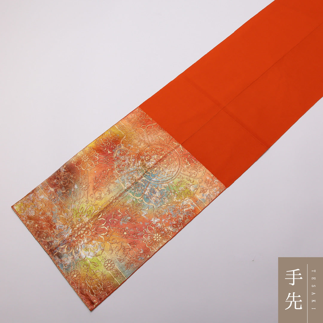 袋帯 帯丈418cm 正絹 六通 フォーマル 鏡裏文 朱系 1243-01349