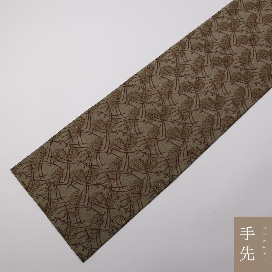 アンティーク 丸帯 帯丈406cm 正絹 全通 松ぼっくり 松葉 緑系 茶系 1242-01358