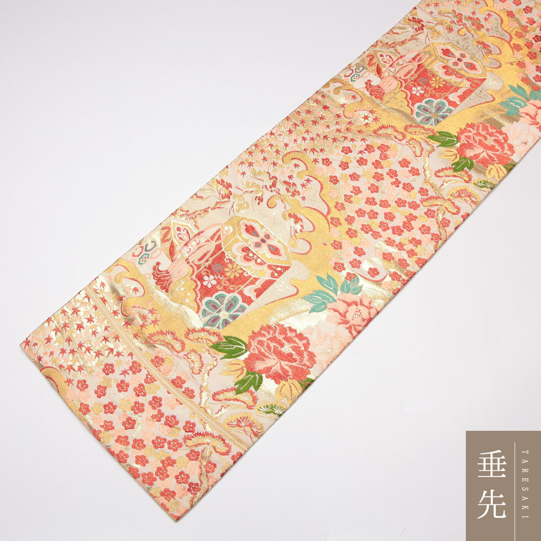 アンティーク 九寸名古屋帯 帯丈329cm 正絹 六通 名古屋仕立て 織り 牡丹 松 楓 金系 RP 1245-01750