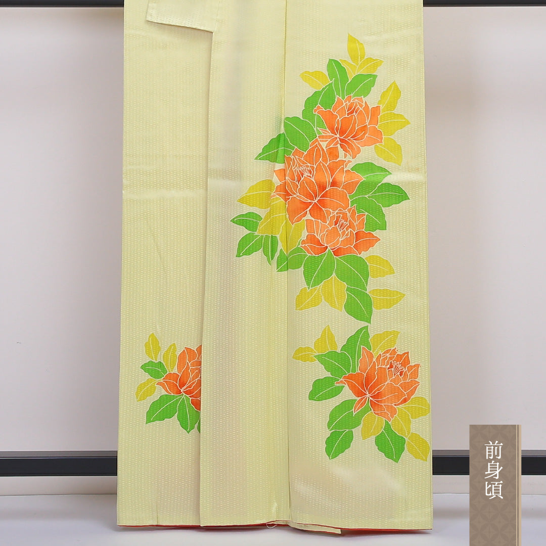 付下げ 袷 身丈160~164cm 裄65.5cm 正絹 牡丹 黄系 Aランク 1212-00538