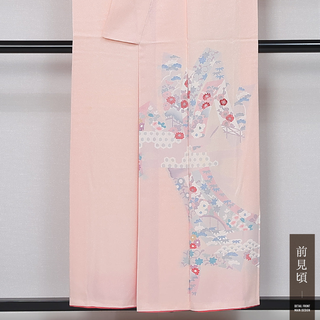 訪問着 袷 身丈152cm 裄丈63cm 正絹 Bランク セミフォーマル 広衿 Sサイズ 青海波 植物柄 光悦垣 ピンク系 RP 1217-12026