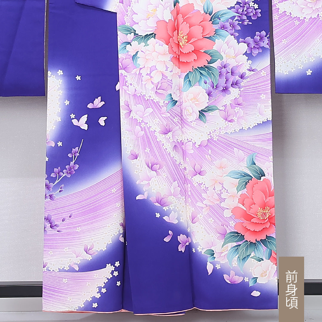 振袖 身丈157cm 裄丈63cm Cランク 袷 正絹 L 広衿 エレガント 牡丹 花柄 友禅 紫系 1213-F0440