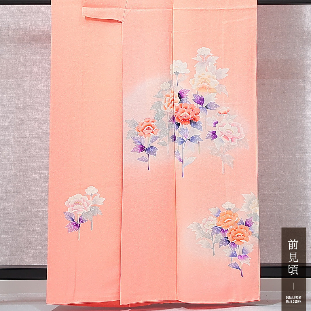 訪問着 袷 身丈159cm 裄丈65cm 正絹 Sランク Mサイズ 広衿 セミフォーマル 牡丹 朱系 1212-14956