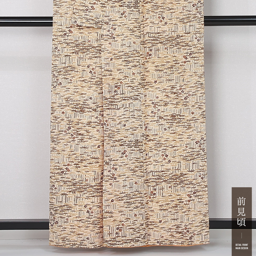 小紋 袷 身丈158cm 裄丈64cm 正絹 Sランク インフォーマル 広衿 Mサイズ 梅 植物柄 ベージュ系 RP 1221-12483