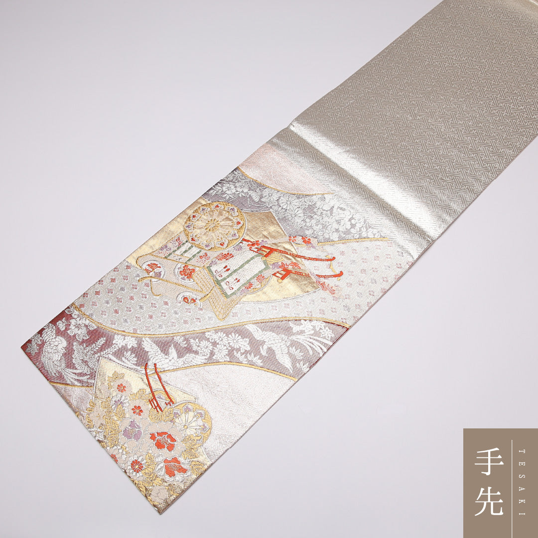 袋帯 帯丈434cm 正絹 六通 金繍功彩文 フォーマル 佐賀錦 御所車 金系 1243-01047