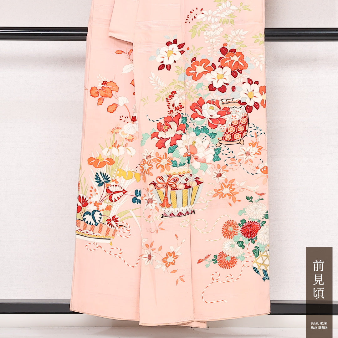 アンティーク 訪問着 袷 身丈154cm 裄丈62cm Cランク 正絹 バチ衿 Sサイズ 刺繍 花瓶 独創的 華やか ピンク系 1212-13523