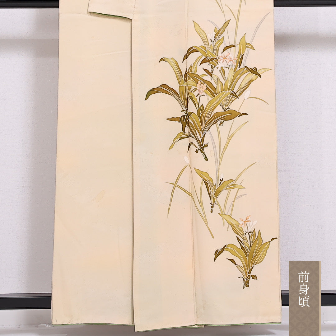 付下げ 袷 身丈156cm 裄丈63cm 正絹 Cランク インフォーマル 広衿 Mサイズ ぼかし染 花柄 クリーム系 HP 1218-04819
