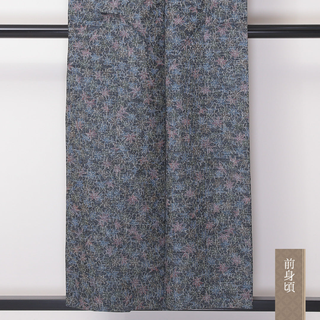 紬 単衣 身丈153cm 裄63.5cm 正絹 ボタニカル グレー系 Sランク 1216-00964