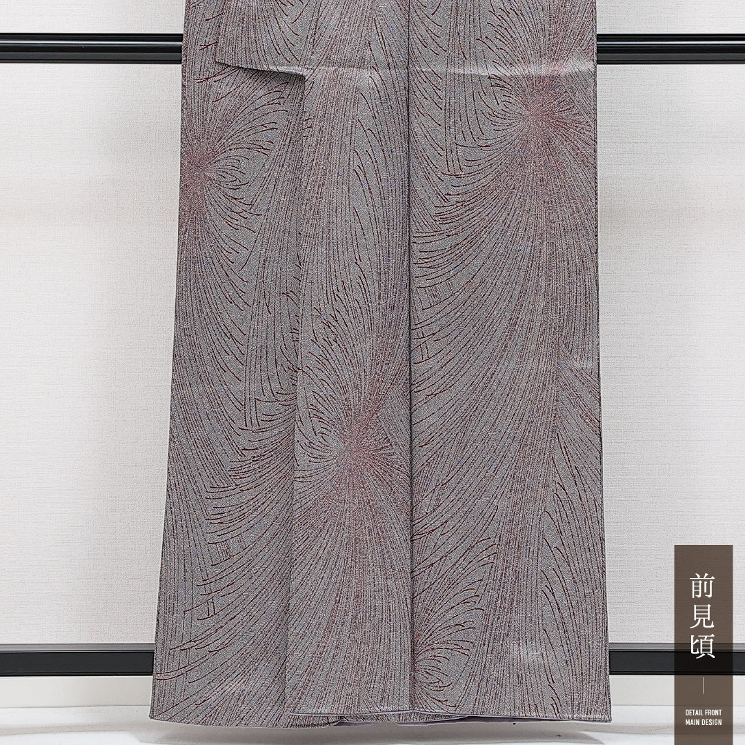 小紋 袷 身丈156cm 裄丈60cm 正絹 Aランク インフォーマル 広衿 Mサイズ 菊 グレー系 RP 1221-14556