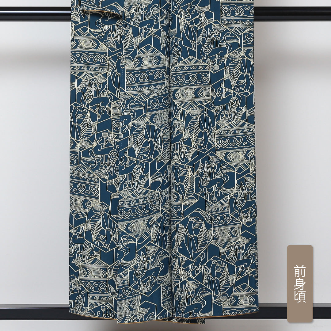 小紋 袷 身丈152cm 裄63.5cm 青系 オリエンタル 正絹 Sランク 1215-01477-2217