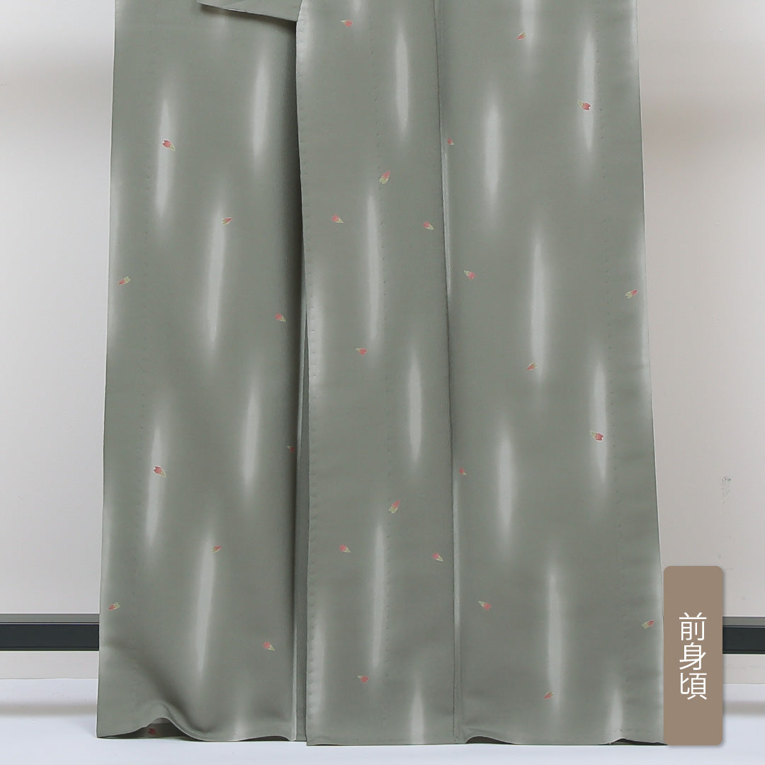 小紋 洗える着物 単衣 身丈163cm 裄丈70cm ポリエステル Sランク Lサイズ 広衿 インフォーマル 花柄 グレー系 緑系 1215-01265