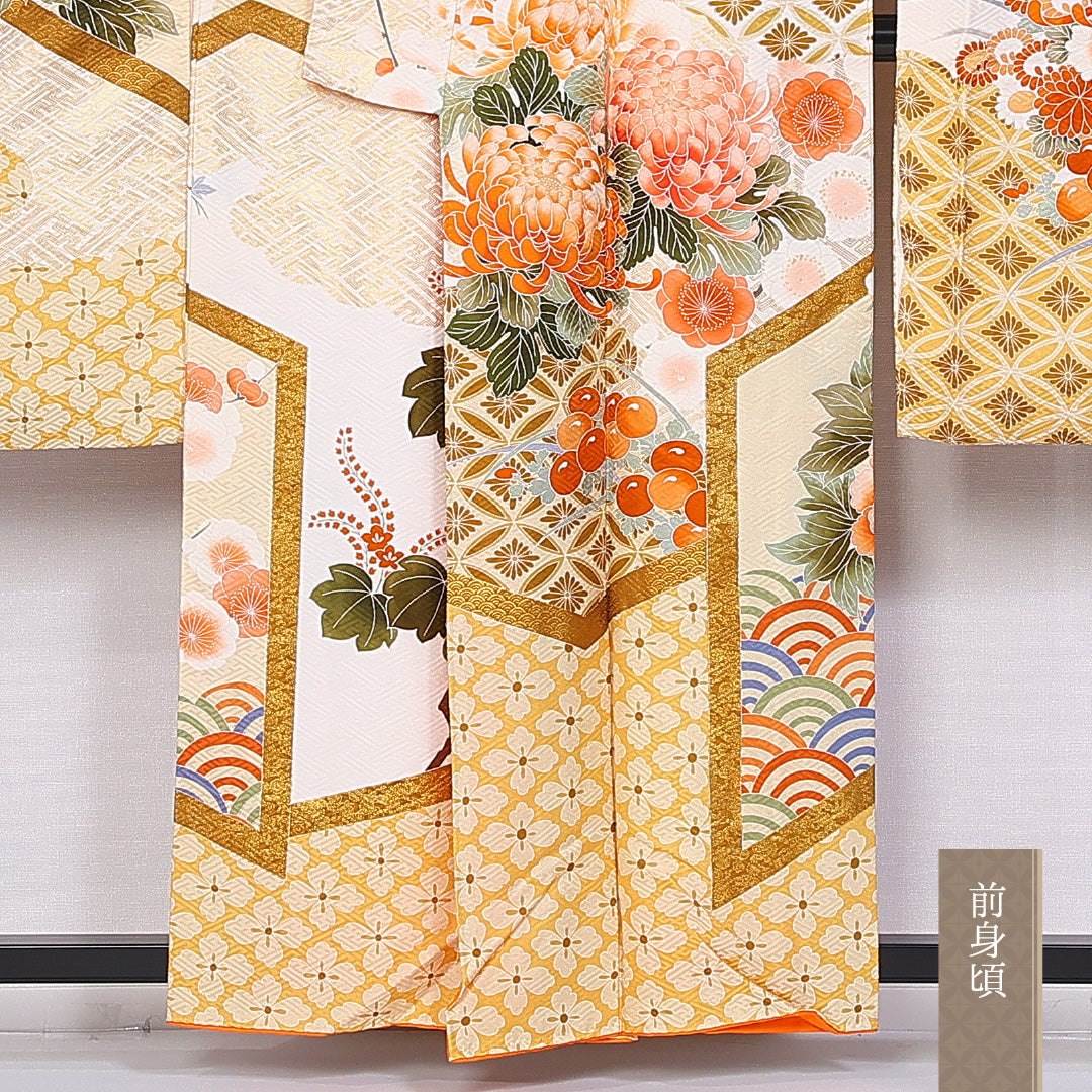 振袖 身丈157cm 裄丈65cm 袷 正絹 Sランク 広衿 紅葉 金糸 青海波 亀甲 牡丹 1213-F0364
