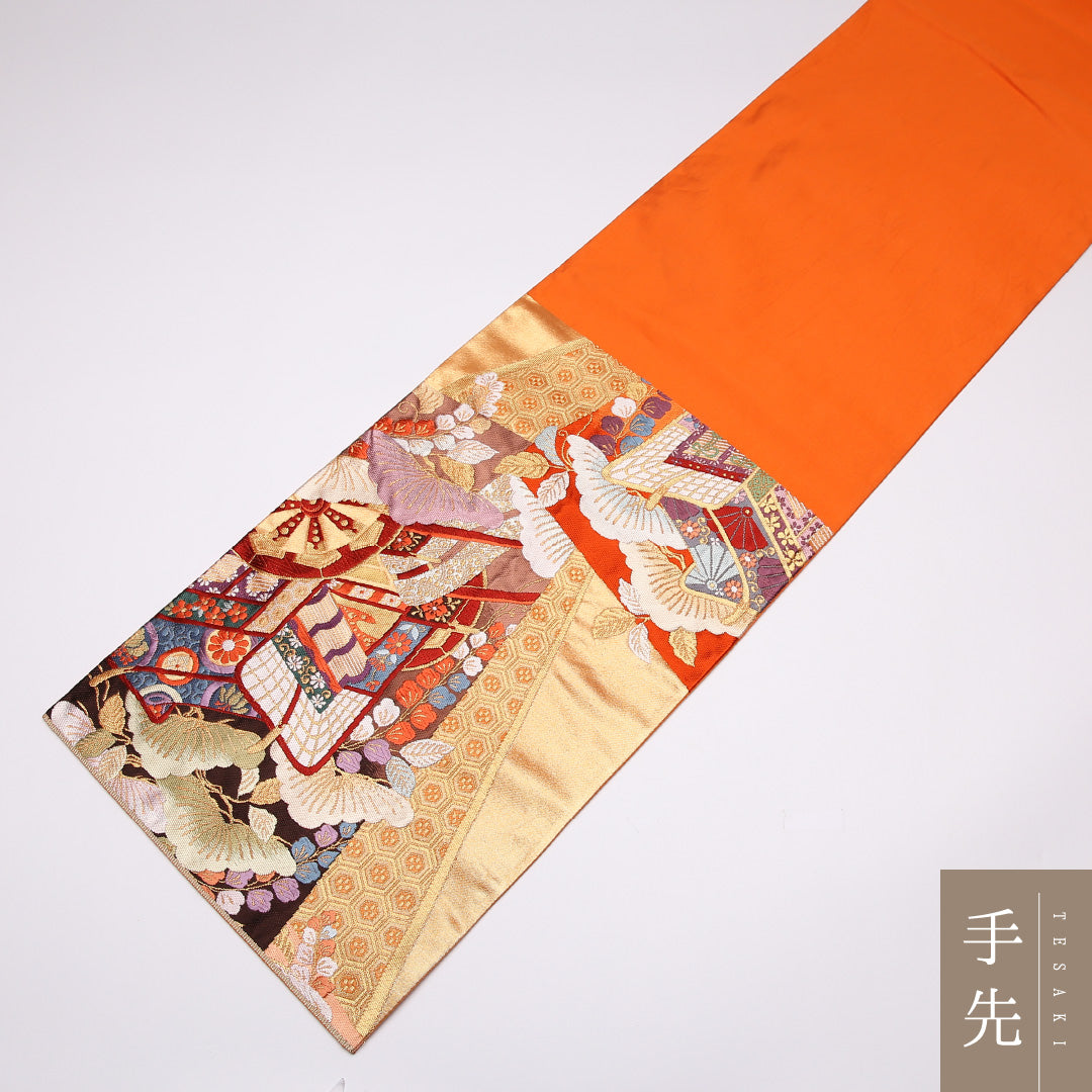 袋帯 帯丈0cm 正絹 六通 フォーマル 御所車 朱系 1243-01104
