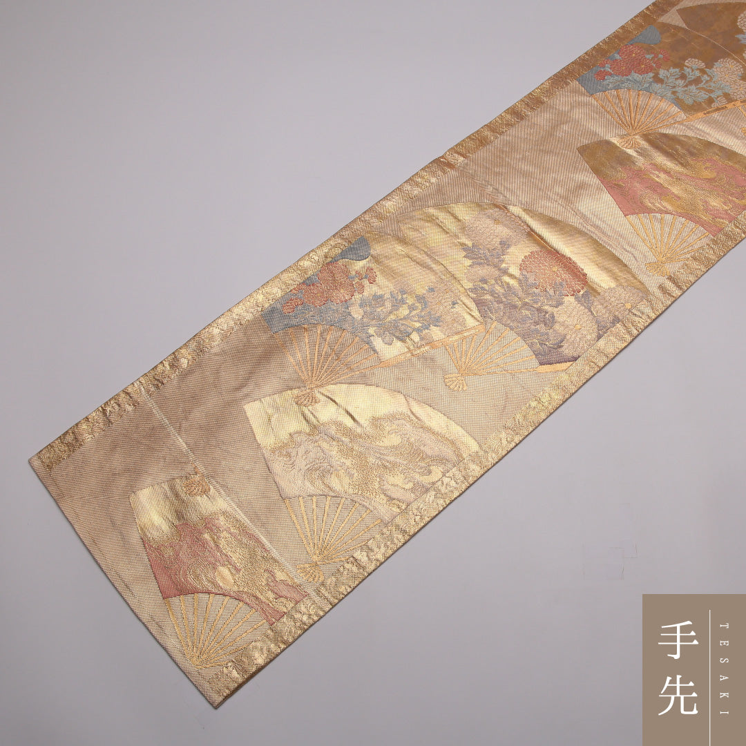 袋帯 帯丈464cm 正絹 六通 フォーマル 扇面文 吉祥文様 金系 1243-01461