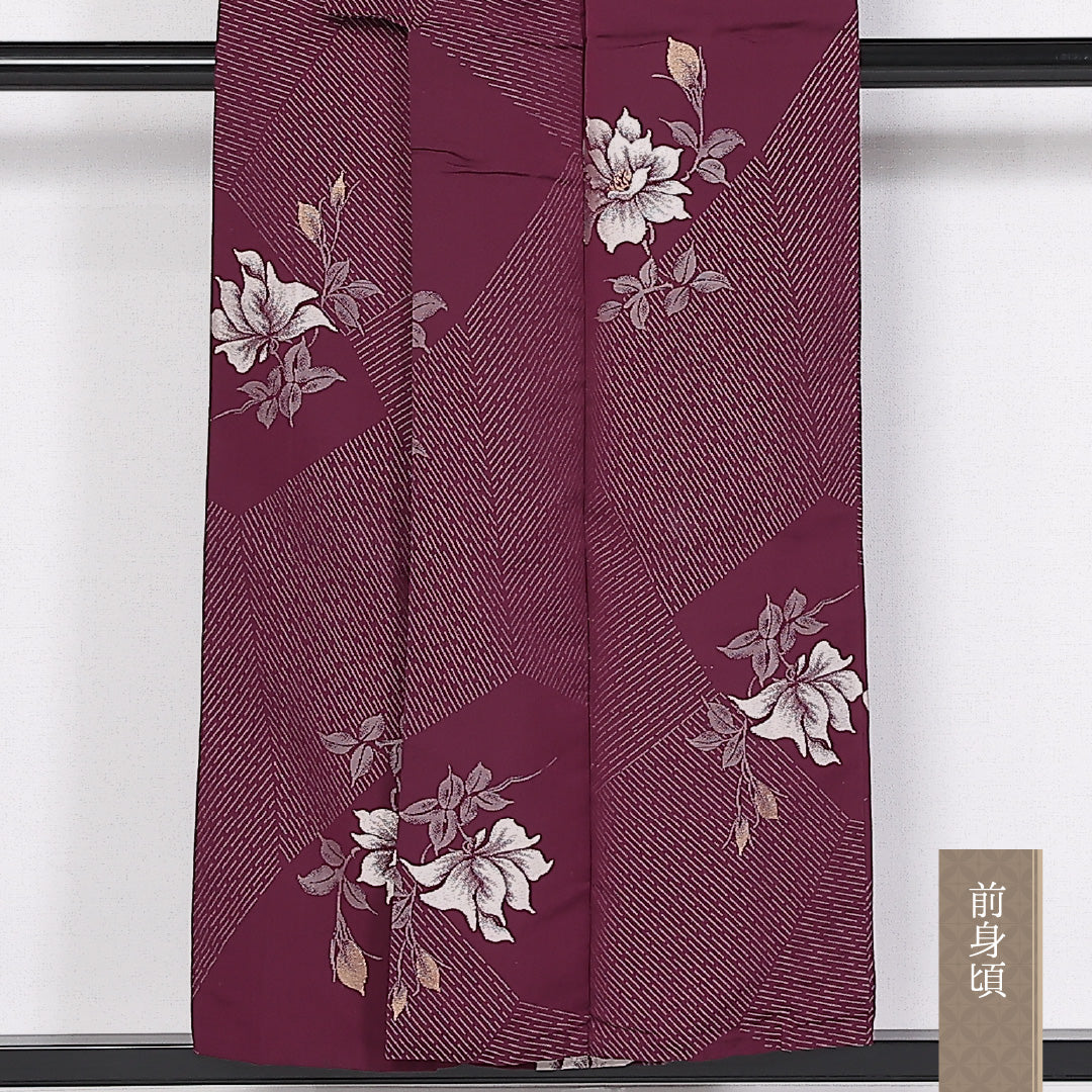 アンティーク お召 袷 身丈150.5cm 裄60.5cm 正絹 金銀糸 紫系 Aランク 1216-01397
