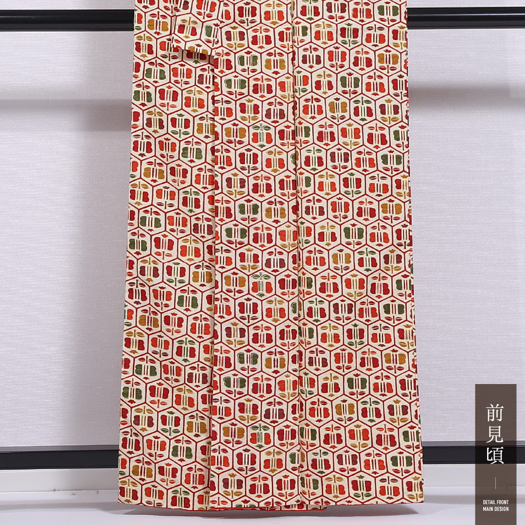 紬 袷 身丈160cm 裄丈63cm 正絹 Aランク カジュアル 広衿 Lサイズ チューリップ クリーム系 HP 1223-11859