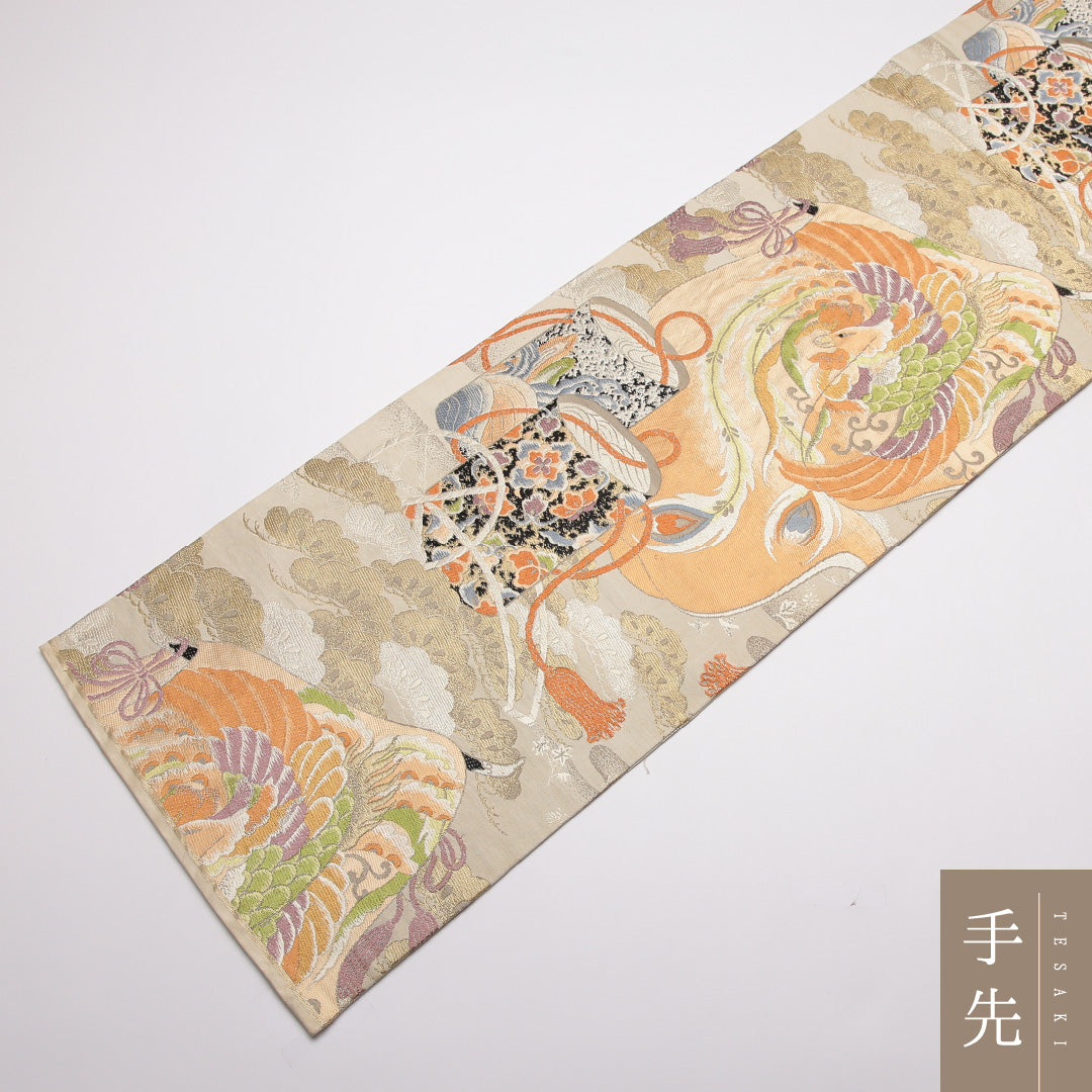 アンティーク 丸帯 帯丈400cm 正絹 全通 唐織 鳳凰 貝桶 クリーム系 1242-01377