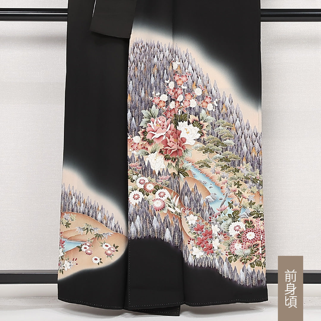 黒留袖 五つ紋 丸に梅鉢 身丈157cm 裄丈66cm Sランク 正絹 袷 比翼 広衿 M 落款 加賀友禅 風景柄 フォーマル 華やか 重厚感 黒系 1211-F0571