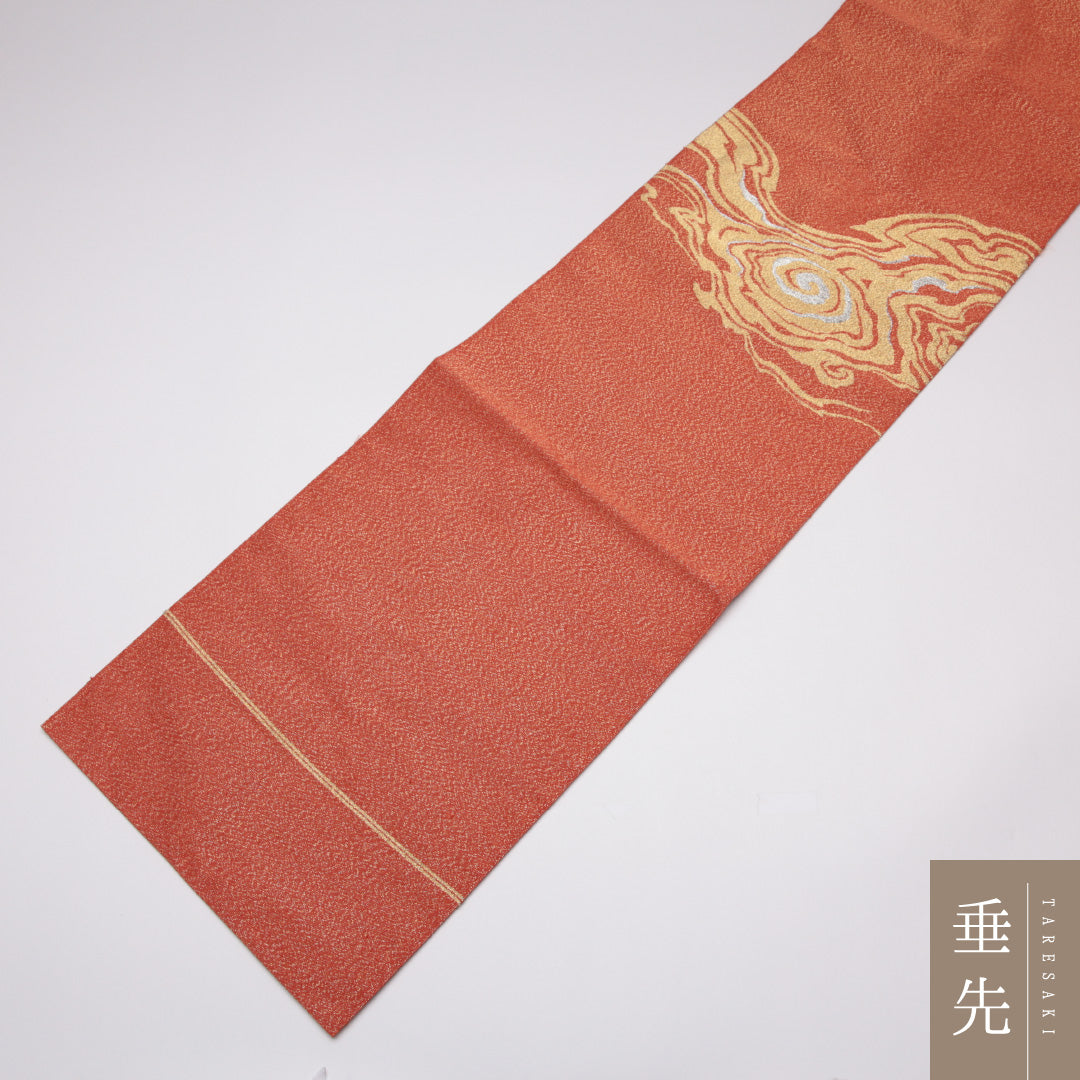 未使用品 九寸名古屋帯 Nランク 帯丈347cm 正絹 六通 名古屋仕立て 織り セミフォーマル 綴れ織 光琳波 朱系 GP 1245-01525